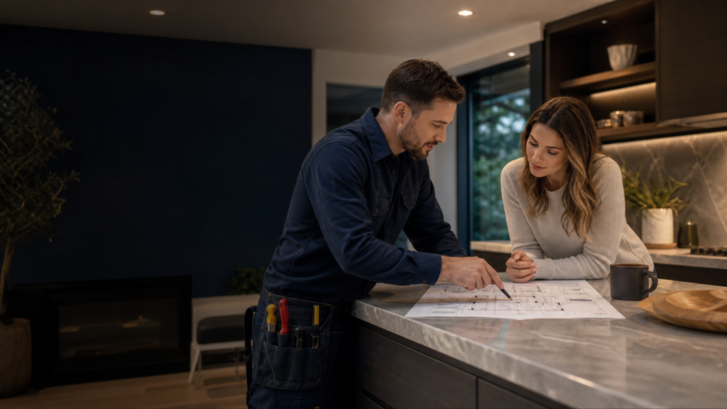 Electrician consulting with a homeowner on electrical plans