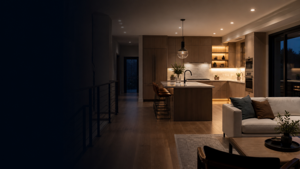 Contemporary home interior with layered lighting